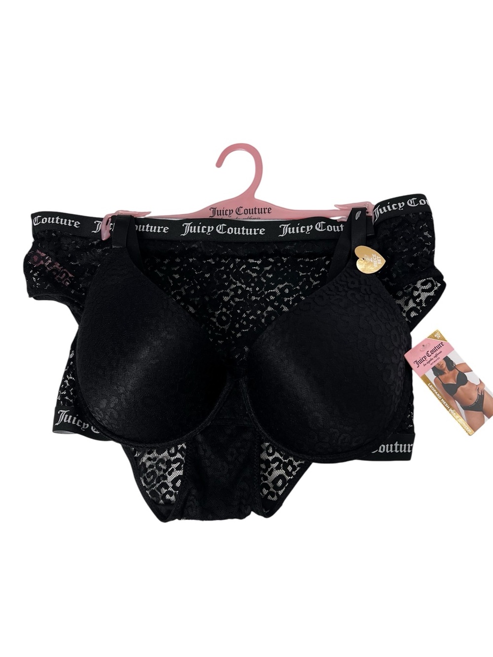 Juicy Couture Women’s 2-pc Set Bra & Hipster Pantie Leopard Mesh Underwire Black